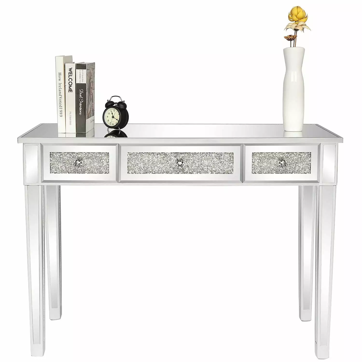 Winado Laptop Table Mirrored Surface Computer Desk 3 Broken Glass Drawer Study Desk Silver FCH