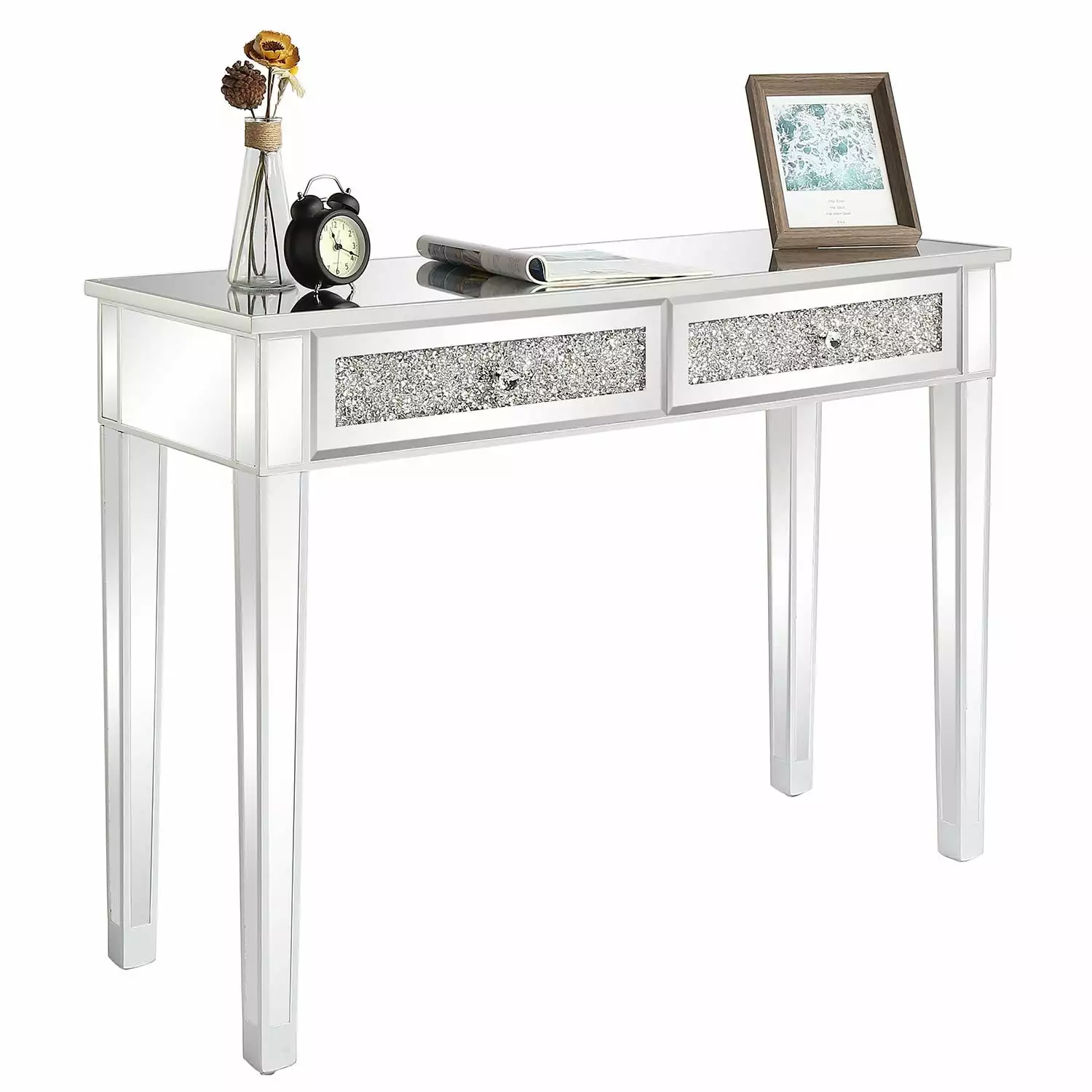 Winado Laptop Table Mirrored Surface Computer Desk 2 Broken Glass Style Drawers Silver FCH