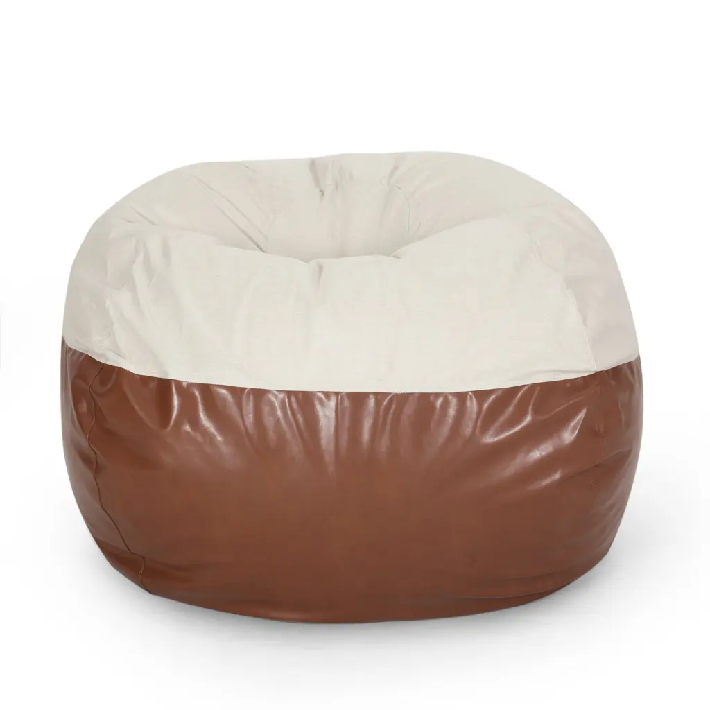 Maxi 5 Foot Two Color Fabric And Faux Leather Rounded Bean Bag Beige bazar