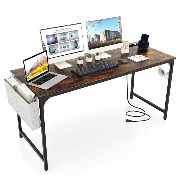 Barara King 60 Inch Rustic Brown Computer Desk Charging Station and Storage Bag Home Office