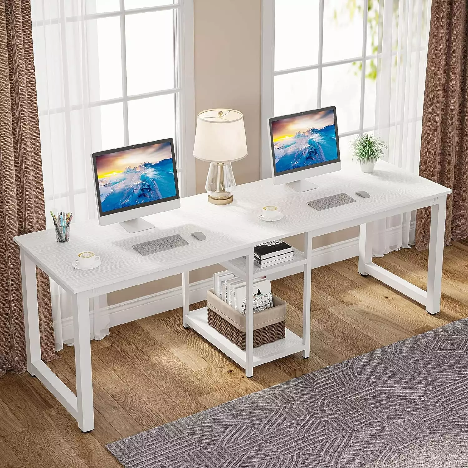 78 Inches Extra Large Two Person Office Desk Shelf Double Workstation White Puapli