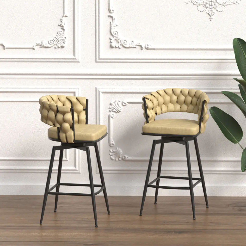 Technical Leather Woven Bar Stool Set 2 Black Legs Counter Height Stools nuoli furniture