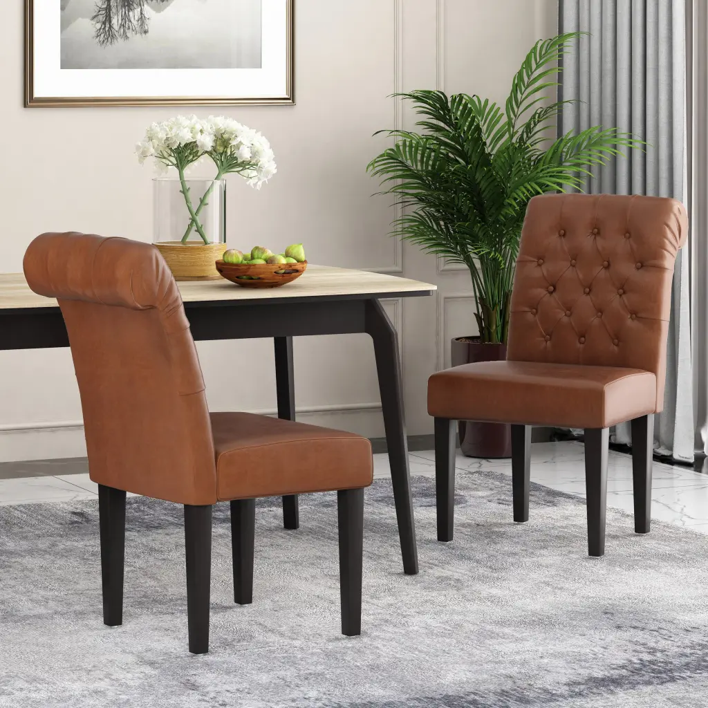 Broxton Tuft Dining Rolltop KD MP2 Set 2 Light Brown PU Leather Dining Chairs nh-cloudhouse