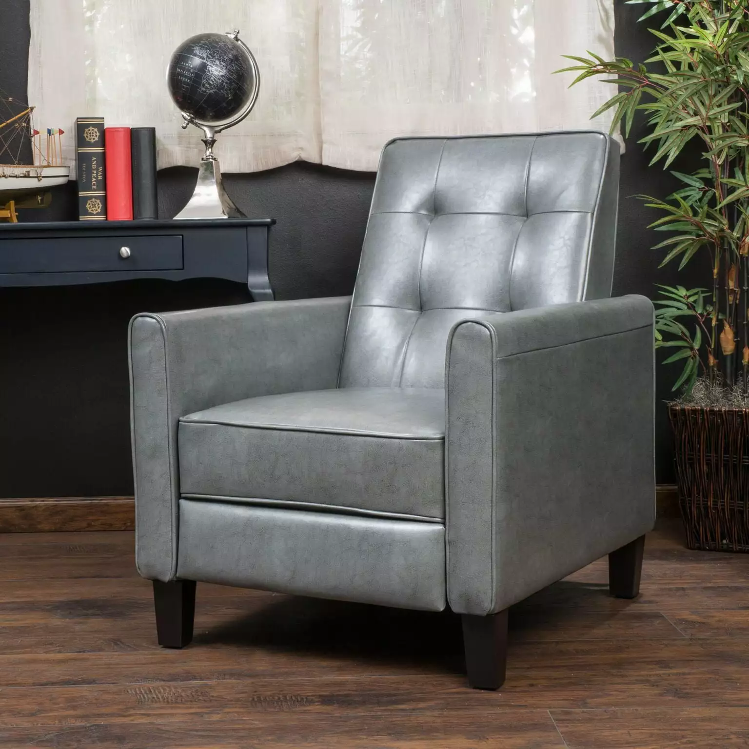 Noble House James Standard Bonded Leather Tufted Recliner Gray