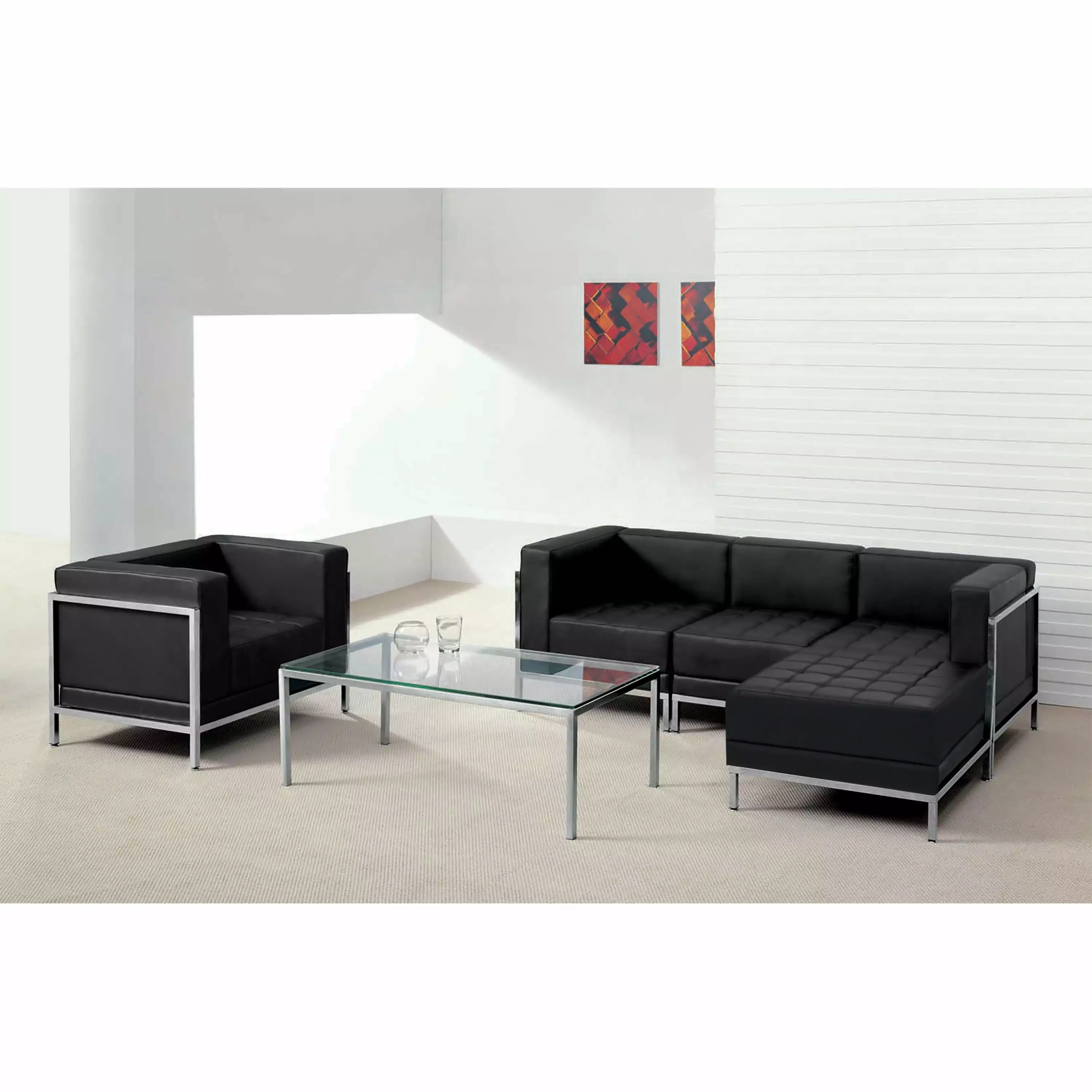Emma Oliver Black LeatherSoft Sectional and Chair 5 Piece Modern Living Room Set EMMA + OLIVER