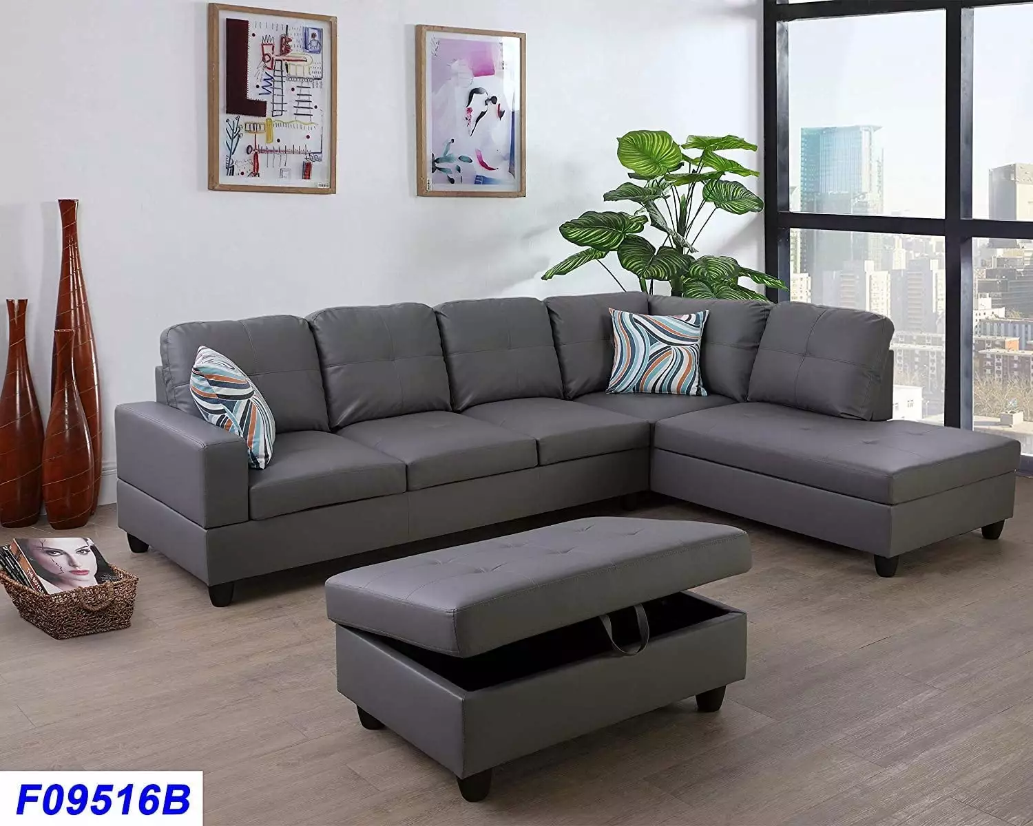 PonLiving Right Facing 3-Piece Sectional Sofa Set Faux Leather, Dark Grey Living Room Couch Pon Living Furniture Inc