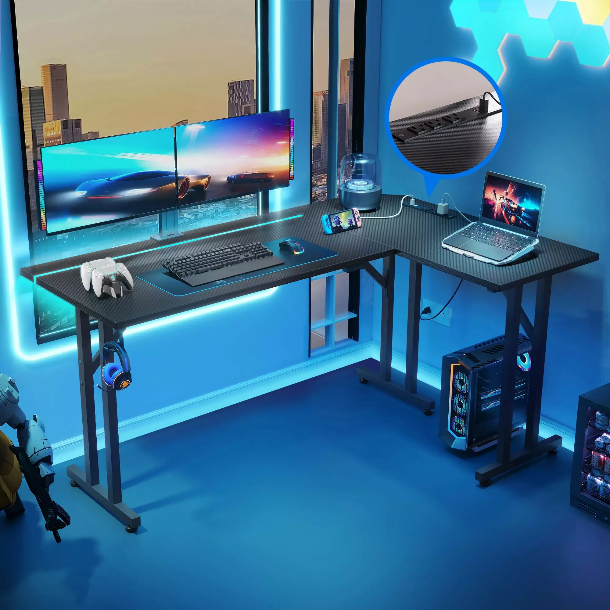 51 Inch Gaming Desk LED Lights Power Outlet and Carbon Fiber Texture Black KKL
