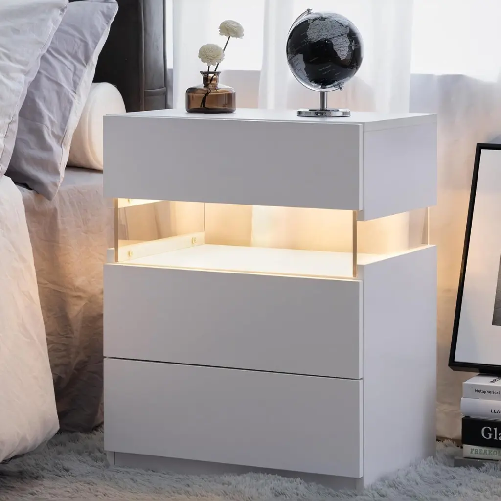 LED Nightstands 3 Drawer Dresser Bedroom End Table Acrylic Bottom w2371