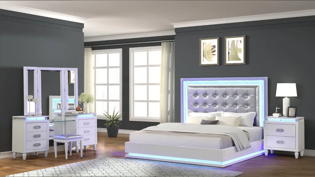 Passion Queen 4 Piece Vanity LED Bedroom Set Milky White Wood Finish galaxy home furnishings