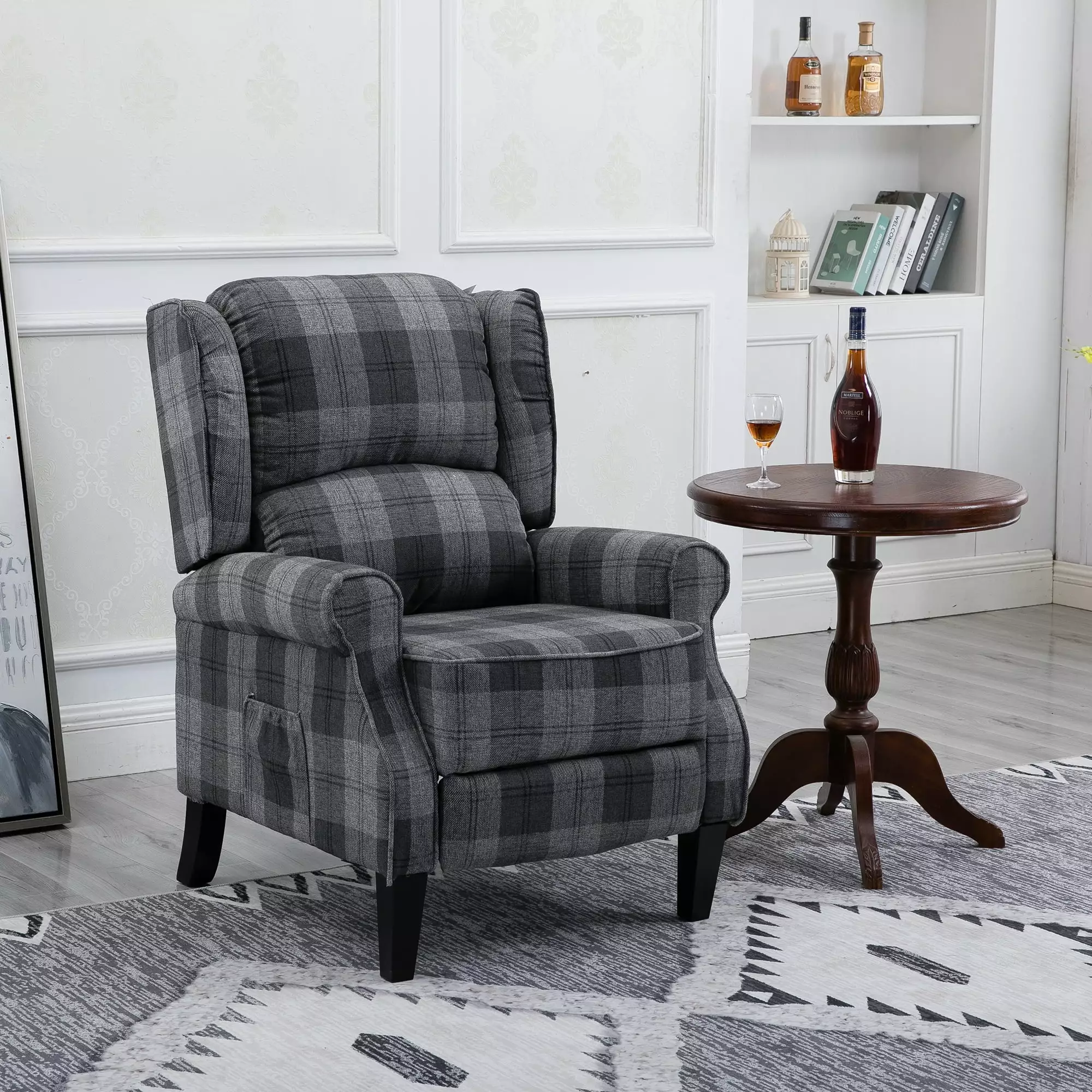 Modern Grey Check Upholstered Leisure Recliner Chair Footrest Living Room Bedroom Fencia