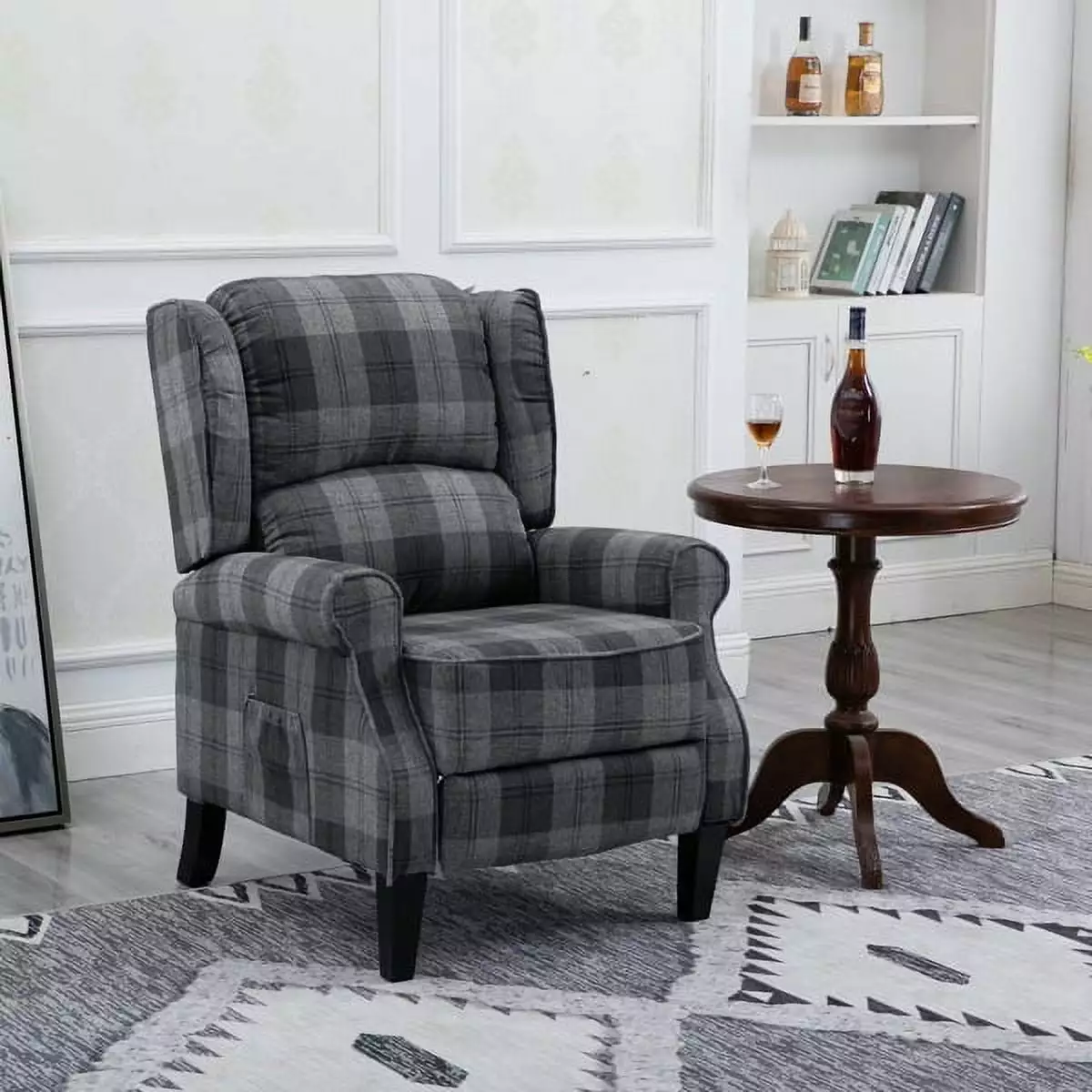 Modern Comfortable Upholstered Leisure Chair Multifunctional Recliner Chair Single Sofa Footrest Grey Check Miekor