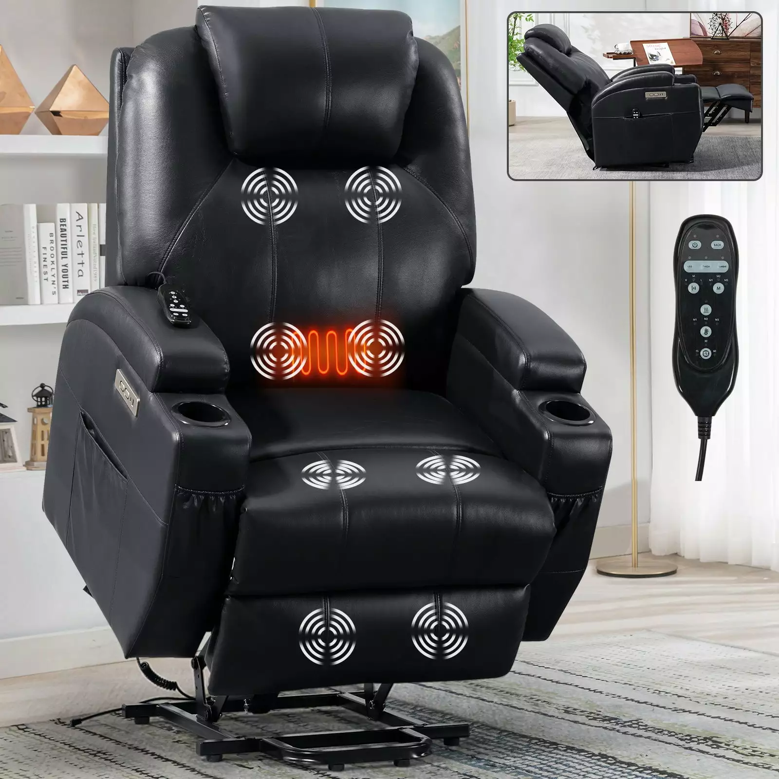 Adell Power Lift Recliner Chair Heat and Massage Black Go Green Woods