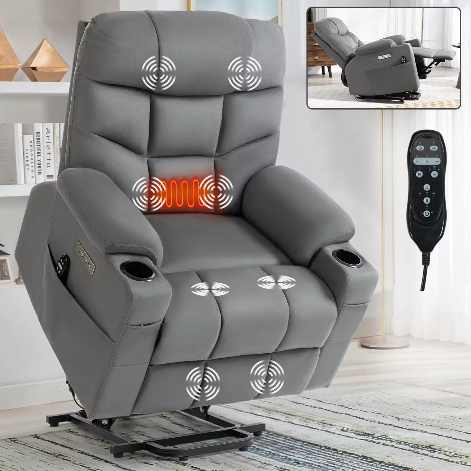 Okin Grey Power Lift Recliner Chair Vibration Massage Lumbar Heating Cup Holders USB Type-C Ponnky