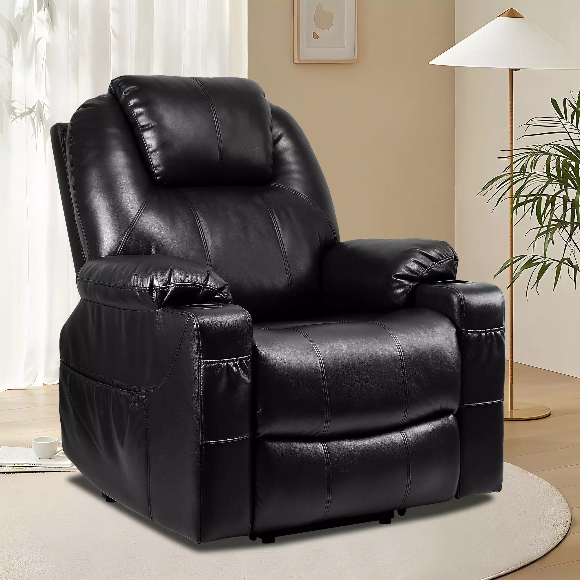 Dextrus Lift Recliner Massage Chair Sofa Heat Cup Holders Black Faux Leather