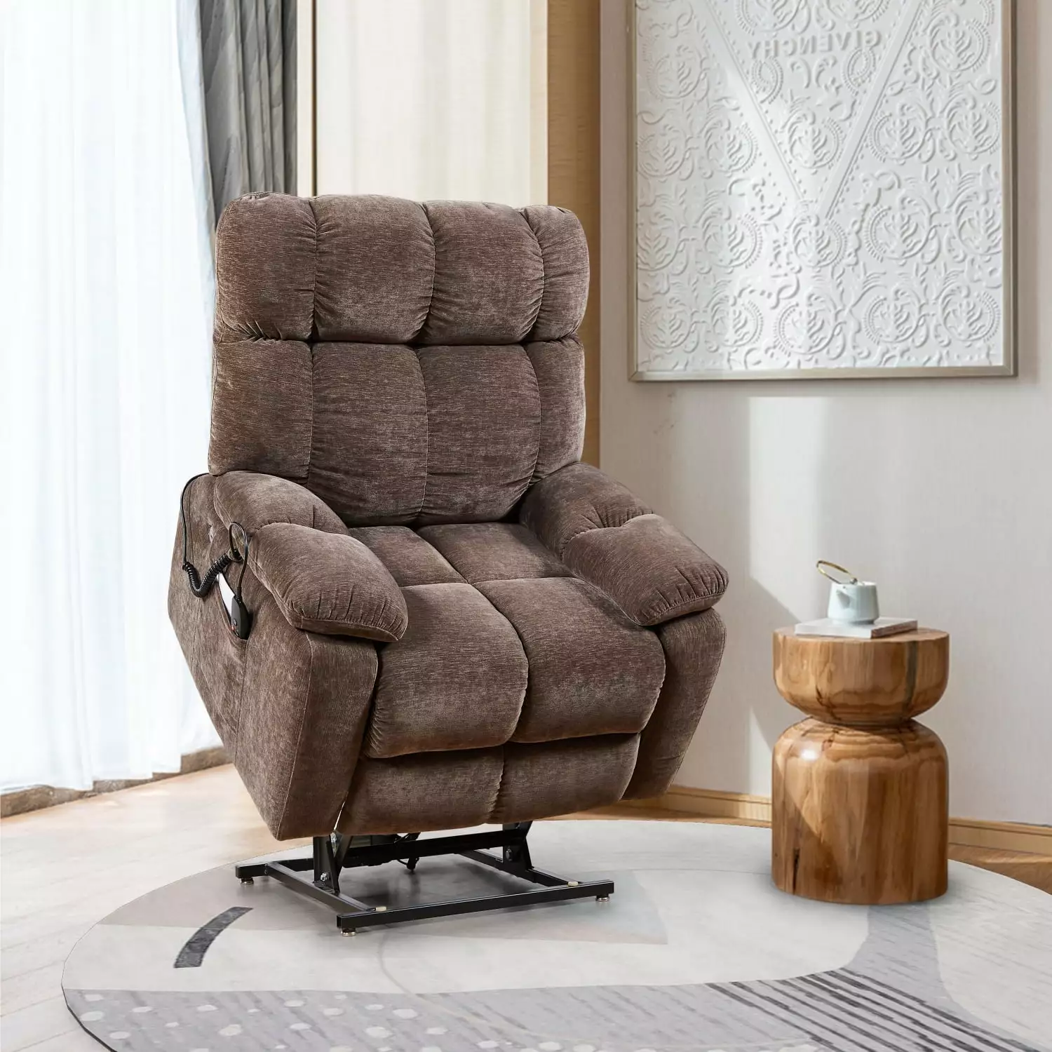 Electric Power Lift Recliner Chair 2 Motors Massage and Heat Elderly Brown High-Quality Cloth Power Reclining Chair 2 Side...