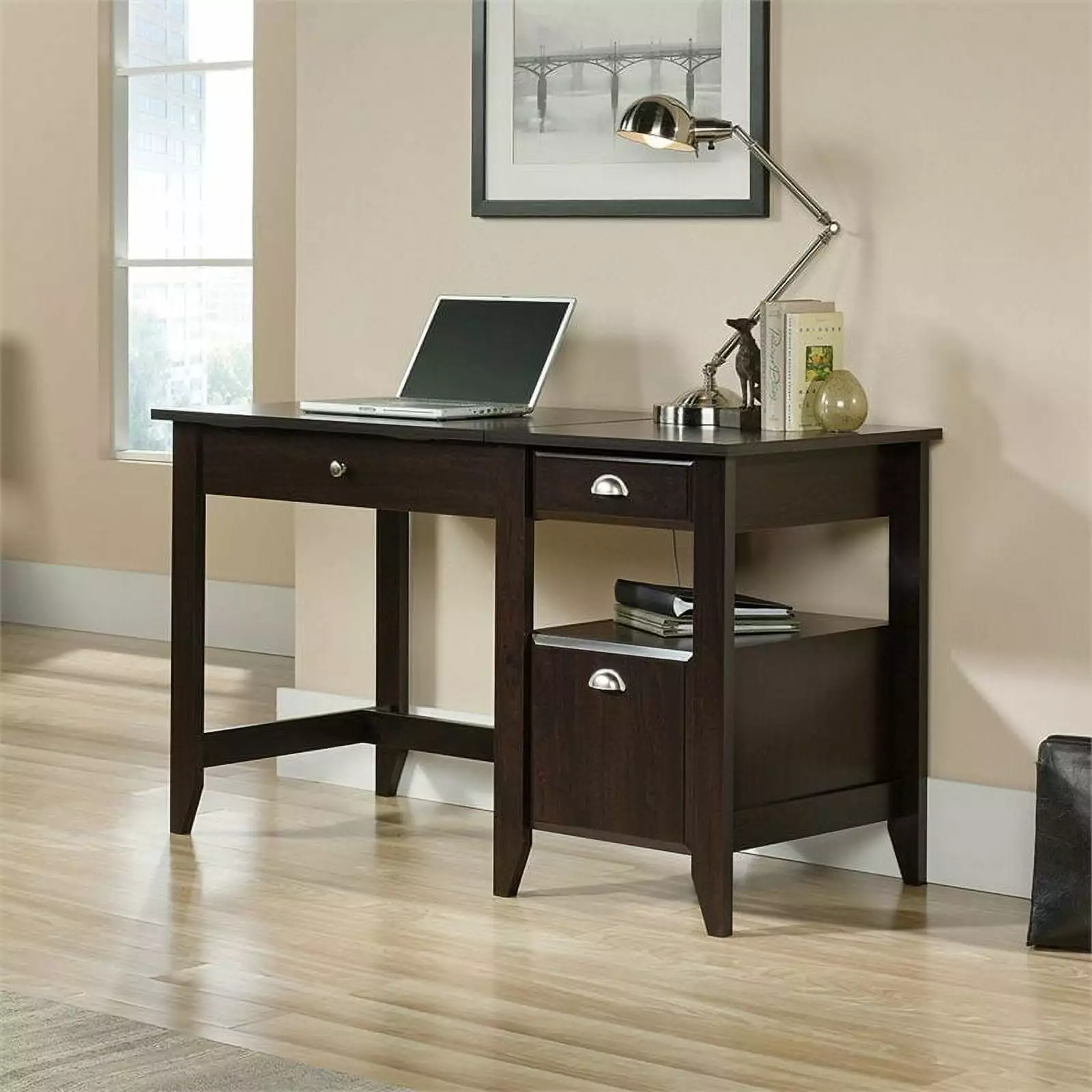Sauder Shoal Creek Engineered Wood Lift Top Desk Jamocha Wood Dark Wood