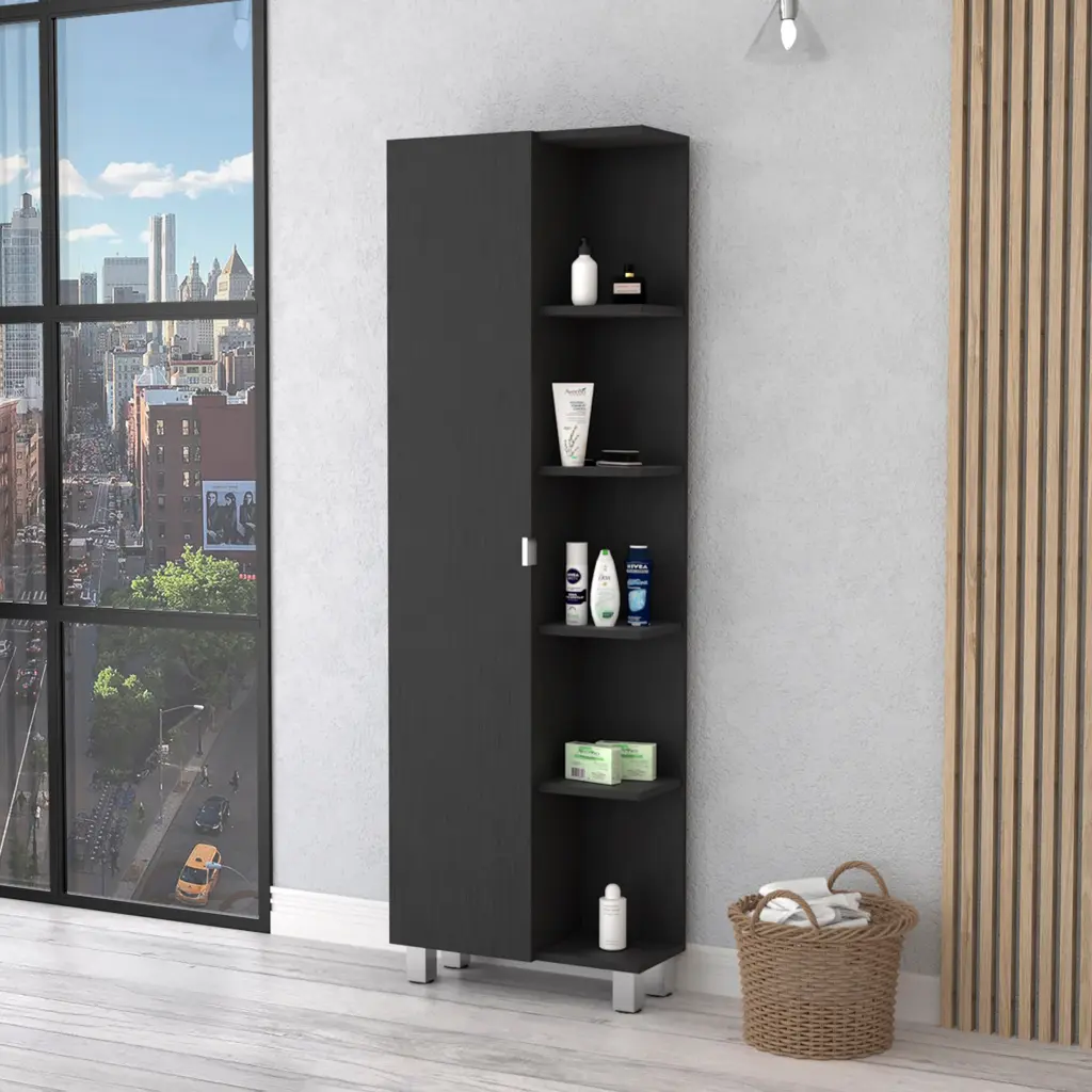 Los Angeles Linen Cabinet Five Shelves and One Cabinet Black fm furniture