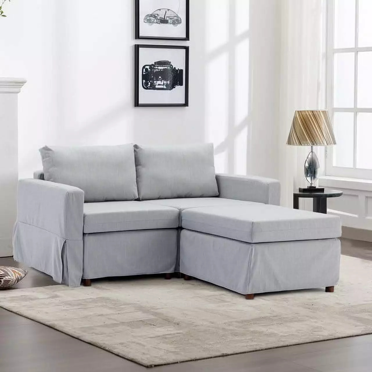 Elegant Light Grey 2-Seat Linen Sectional Sofa Ottoman - Modern Rubberwood Frame and Removable Cushions Ponnky