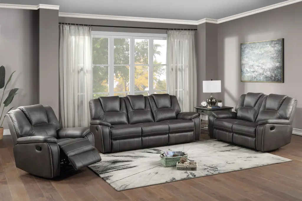 Katrine 3 Piece Living Room Set Charcoal Faux Leather Sofa steve silver furniture