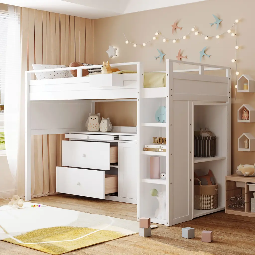 White Loft Bed Rolling Cabinet and Desk Solid Wood MDF Construction lucky furniture