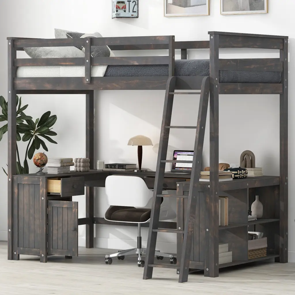 Full Size Loft Bed U Shaped Desk Drawers And Storage Shelves wm store