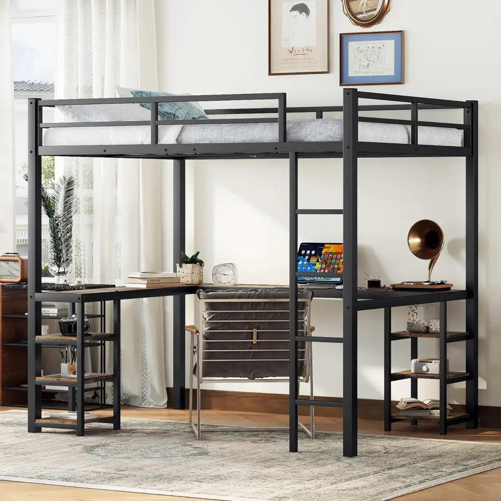 Full Metal Loft Bed Desk Shelves Ladder and Guardrails bonwell