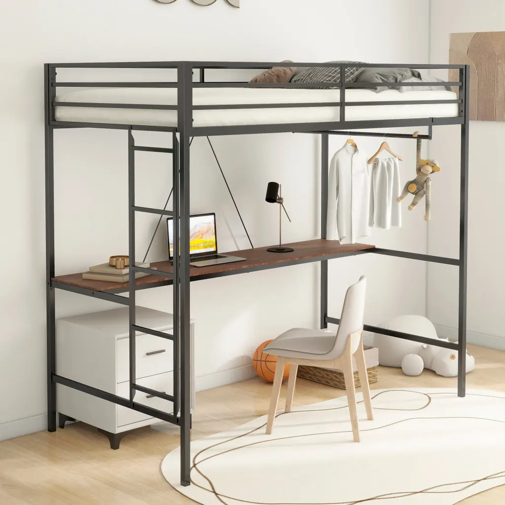 Adam Twin Loft Bunk Bed Cinnamon Wood Desk and Closet Rod house - home furniture