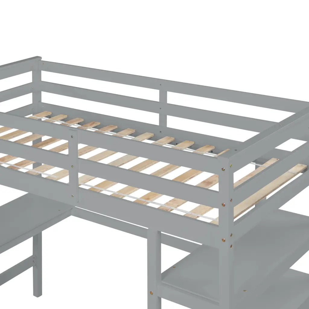 Loft Bed Twin Desk Ladder Shelves Grey Pine inspirit