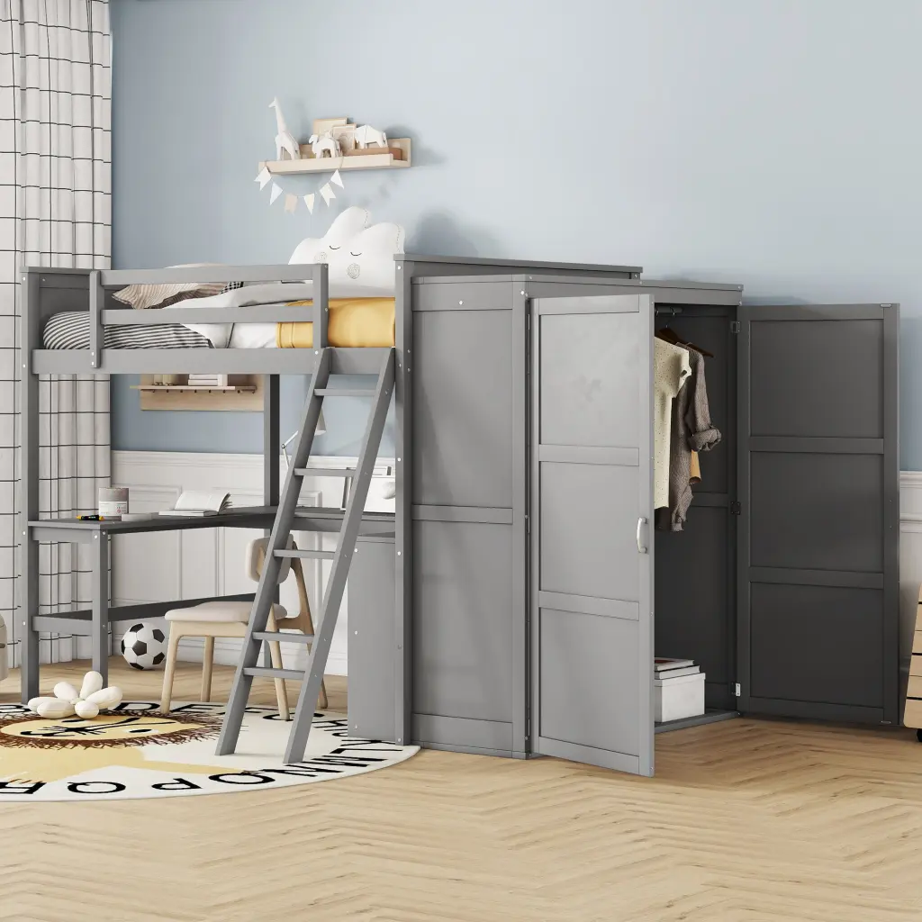 Full Size Loft Bed Desk Shelves and Wardrobe Gray Solid Wood lucky furniture