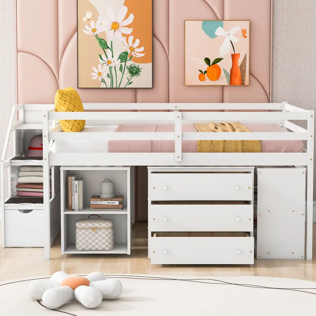 Full Size Loft Bed Retractable Writing Desk And 3 Drawers Wooden lucky furniture
