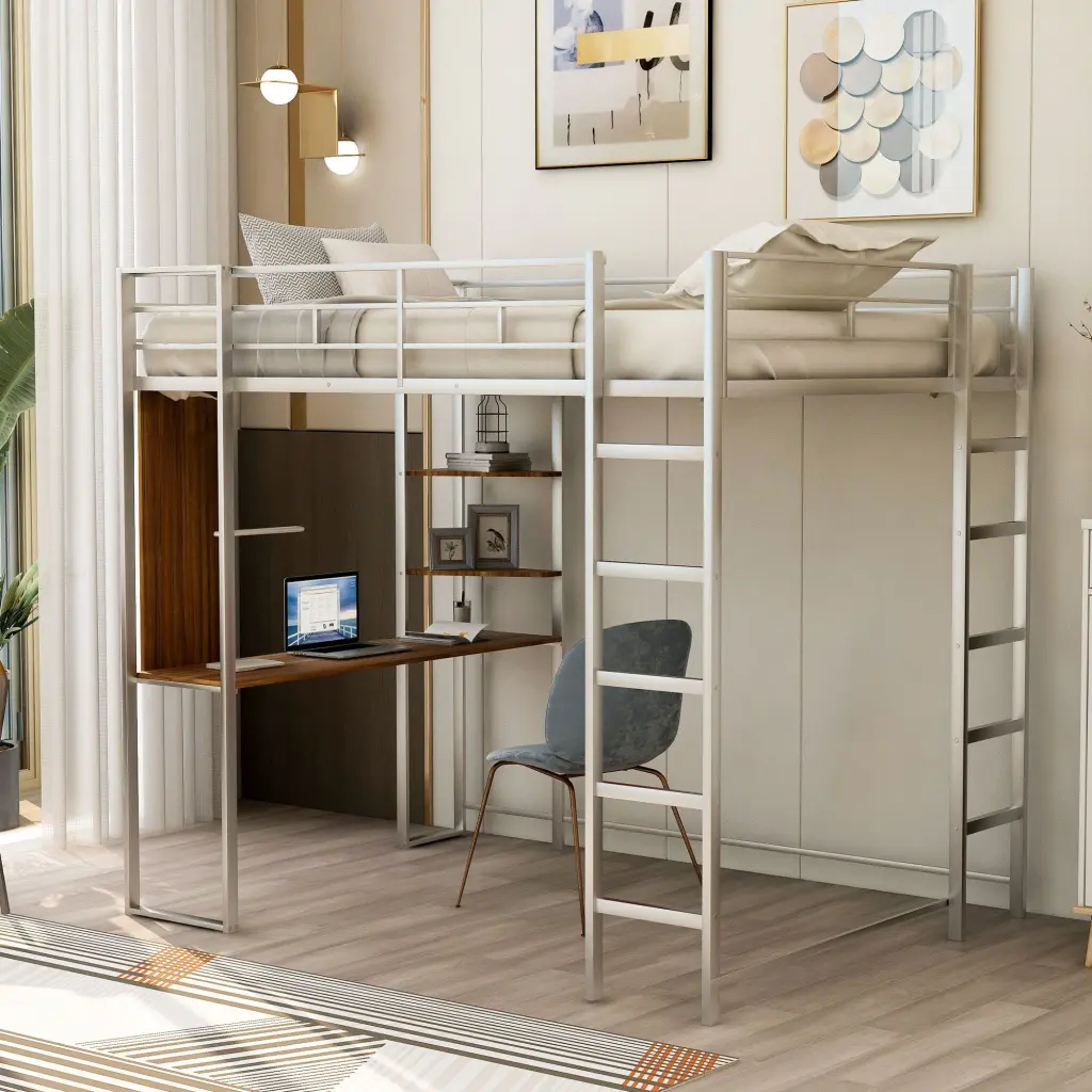 Full Size Metal Loft Bed 2 Shelves And One Desk Silver lucky furniture