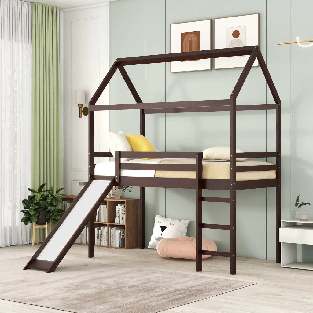 Twin Loft Bed Slide, House Bed Slide Espresso Finish lucky furniture