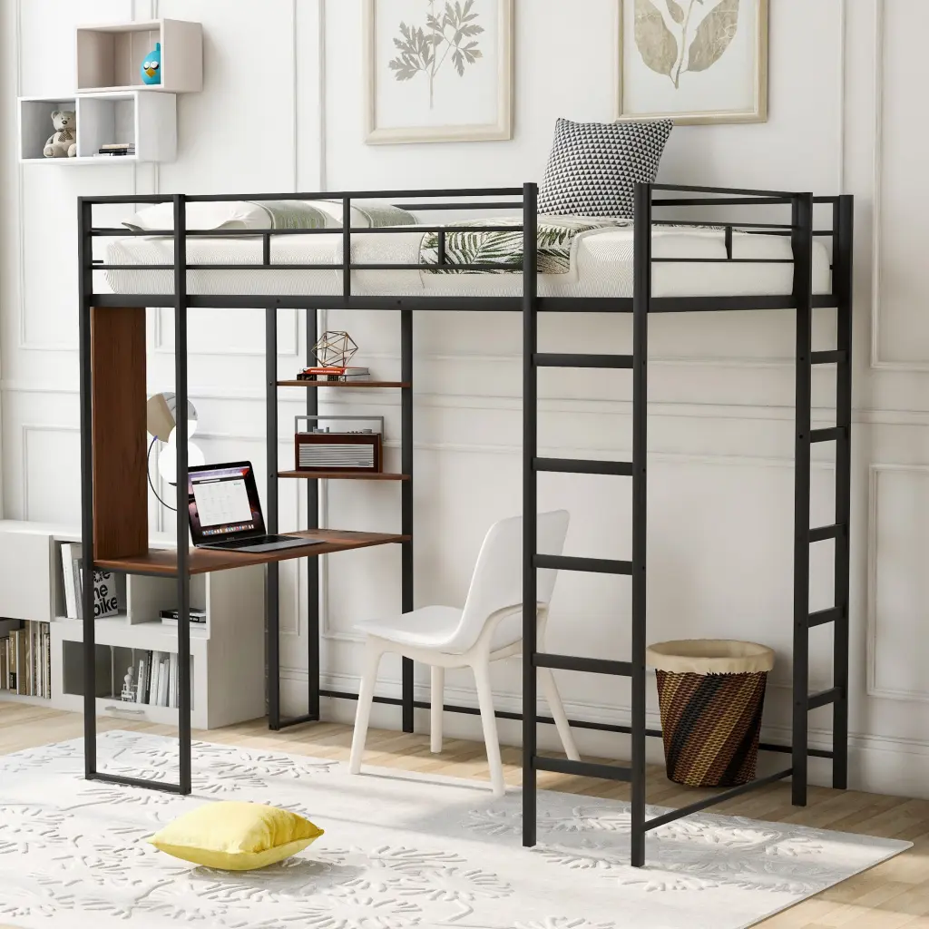 Twin Metal Loft Bed 2 Shelves and Desk Black Finish lucky furniture