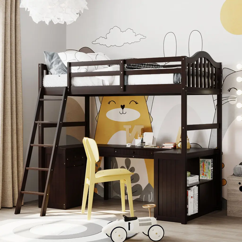 Twin Size Loft Bed Drawers, Cabinet, Shelves And Desk, Wooden Loft Bed Kids lucky furniture