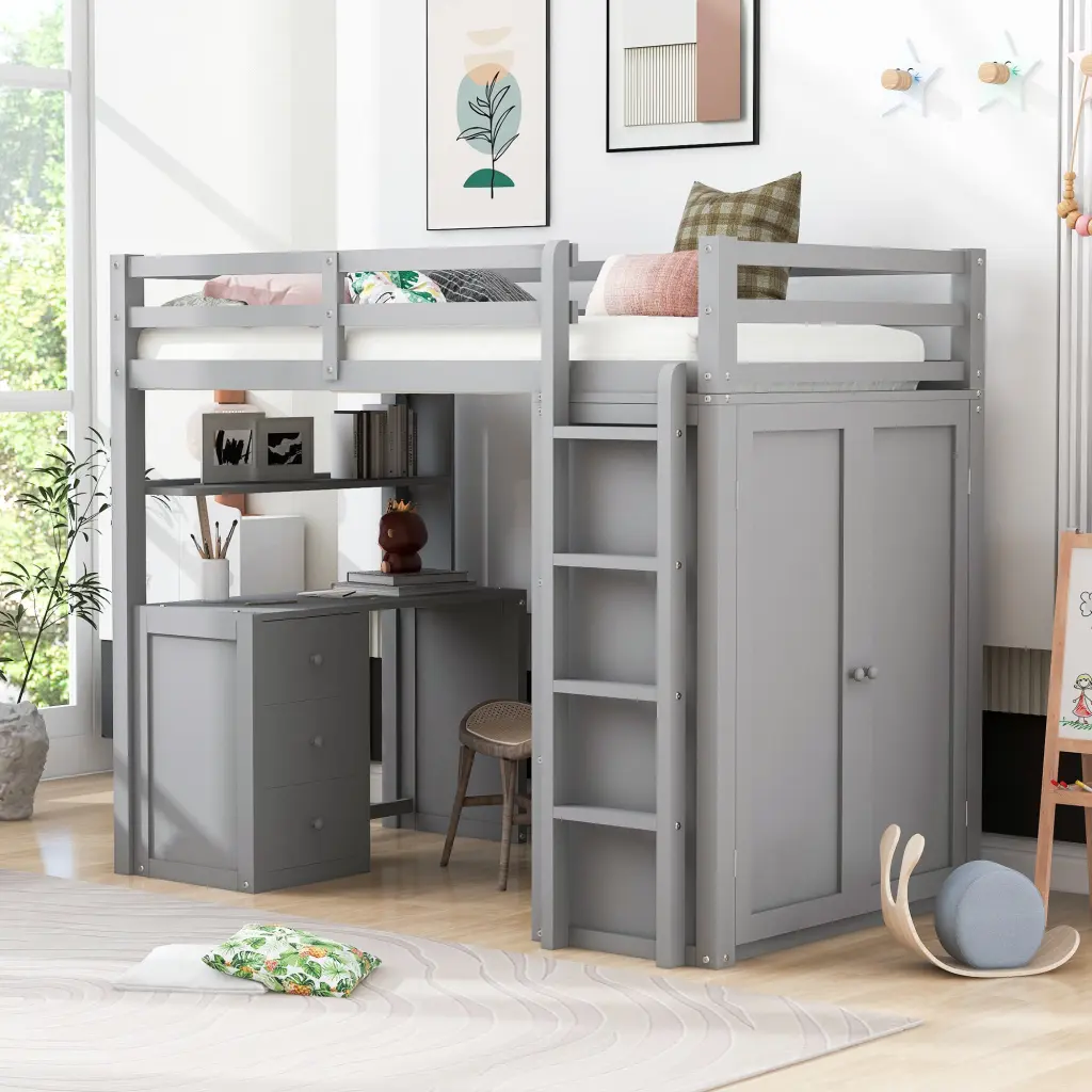 Twin Size Loft Bed Drawers Desk And Wardrobe Gray Solid Wood Space Saver lucky furniture