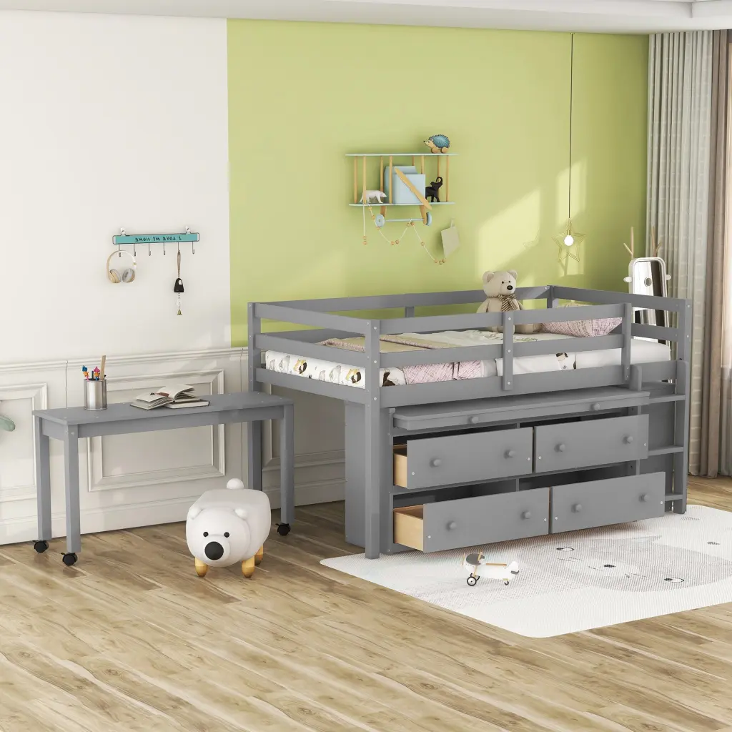 Twin Size Loft Bed Retractable Writing Desk And 4 Drawers Wooden Space Saver lucky furniture