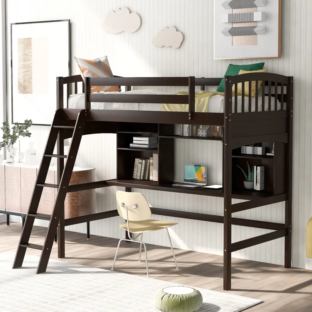 Twin Size Loft Bed Storage Shelves Desk and Ladder Espresso Finish lucky furniture