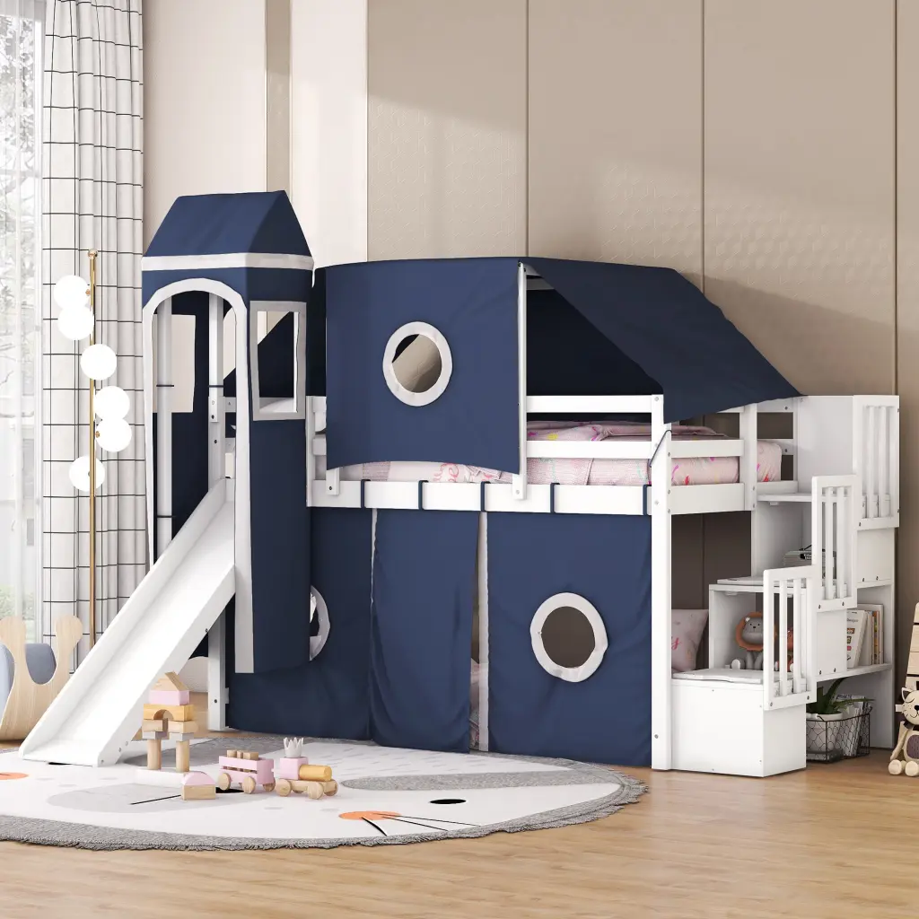 Twin Size Loft Bed Tent And Tower Blue Solid Wood Kids Bed lucky furniture
