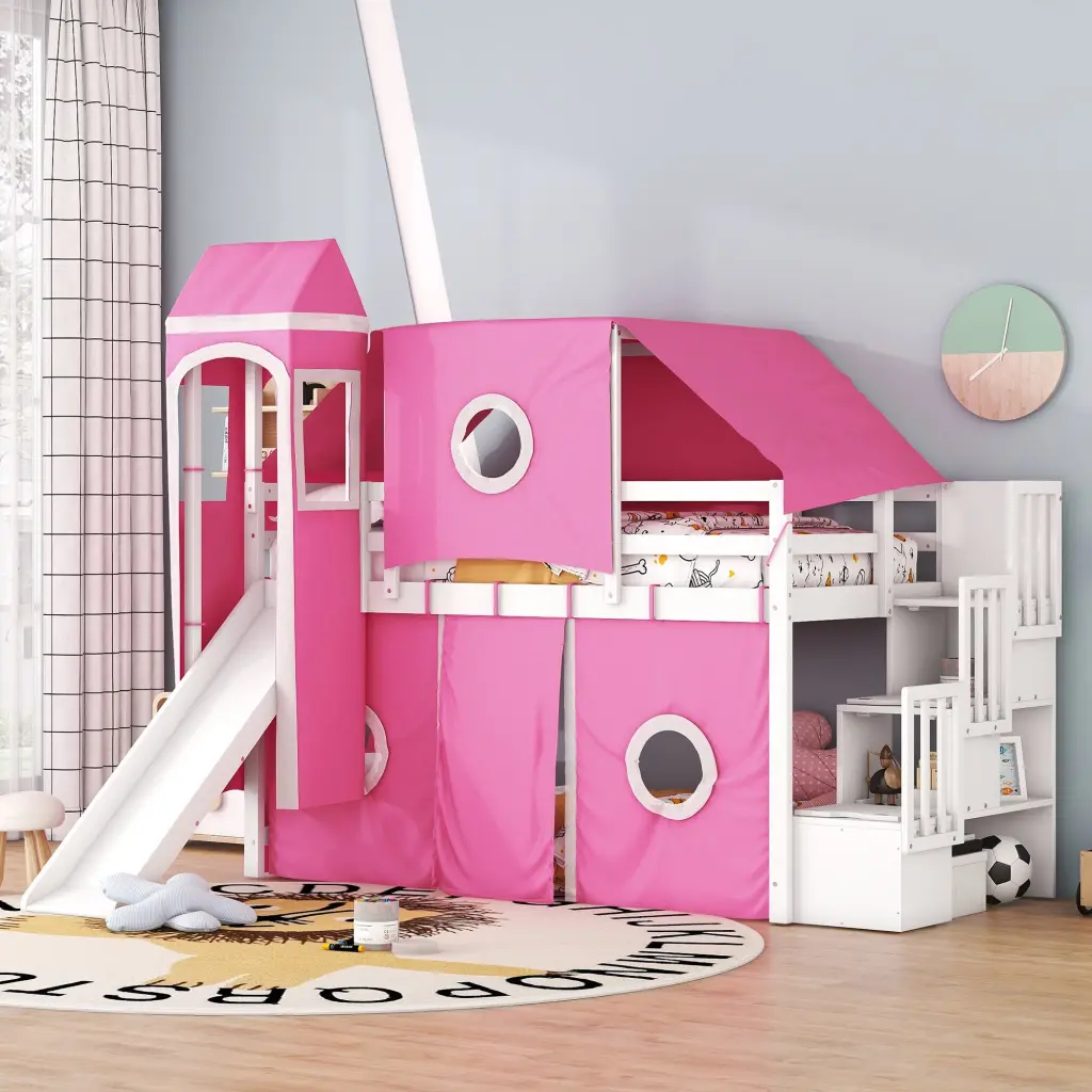 Twin Size Loft Bed Tent And Tower Pink Pink Solid Wood Kids Bedroom Furniture lucky furniture
