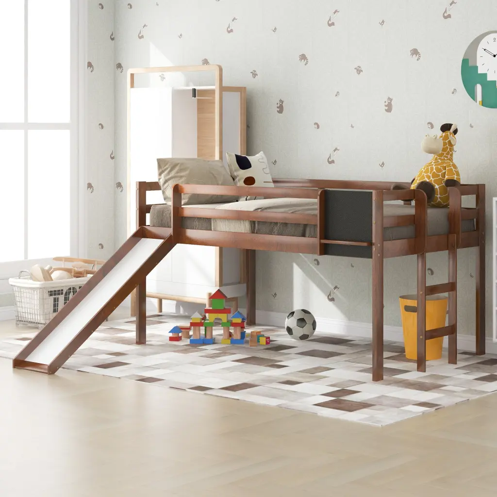 Twin Size Loft Bed Wood Bed Slide Stair And Chalkboard Walnut Finish lucky furniture