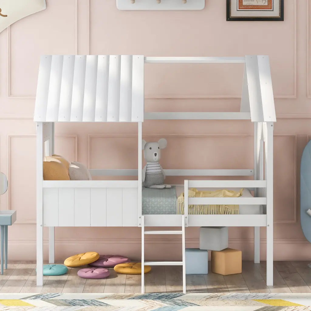 Twin Size Low Loft Wood House Bed Side Windows lucky furniture