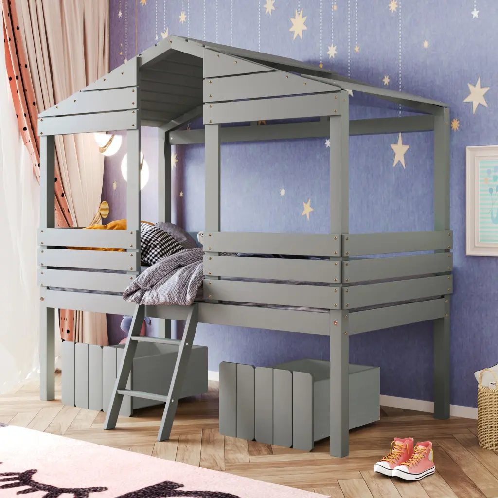 Twin Size Low Loft Wood Houtilize Bed Two Drawers Gray Solid Wood lucky furniture
