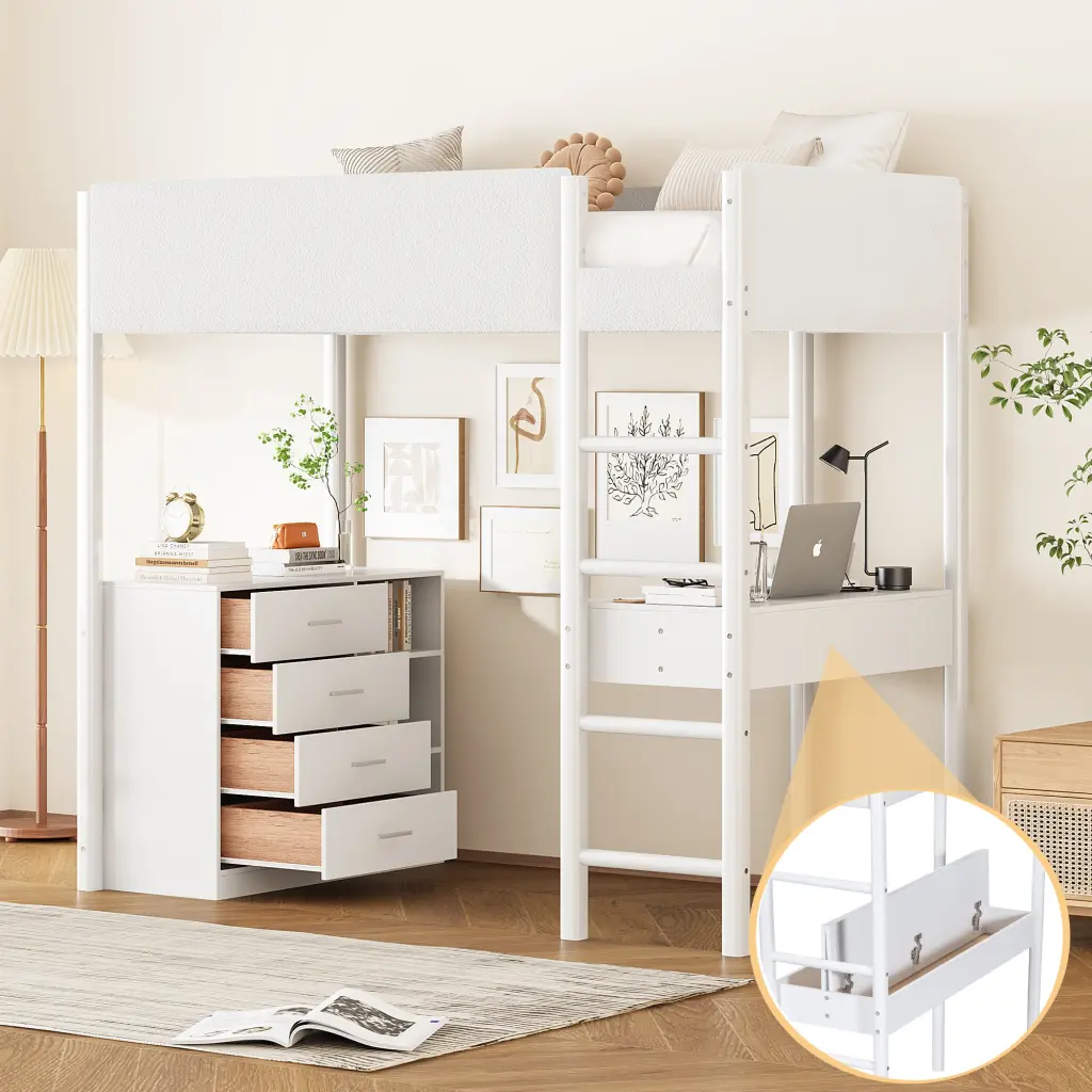 Twin Size Teddy Fleece Loft Bed Wood Bed White Cozy Kids Furniture lucky furniture
