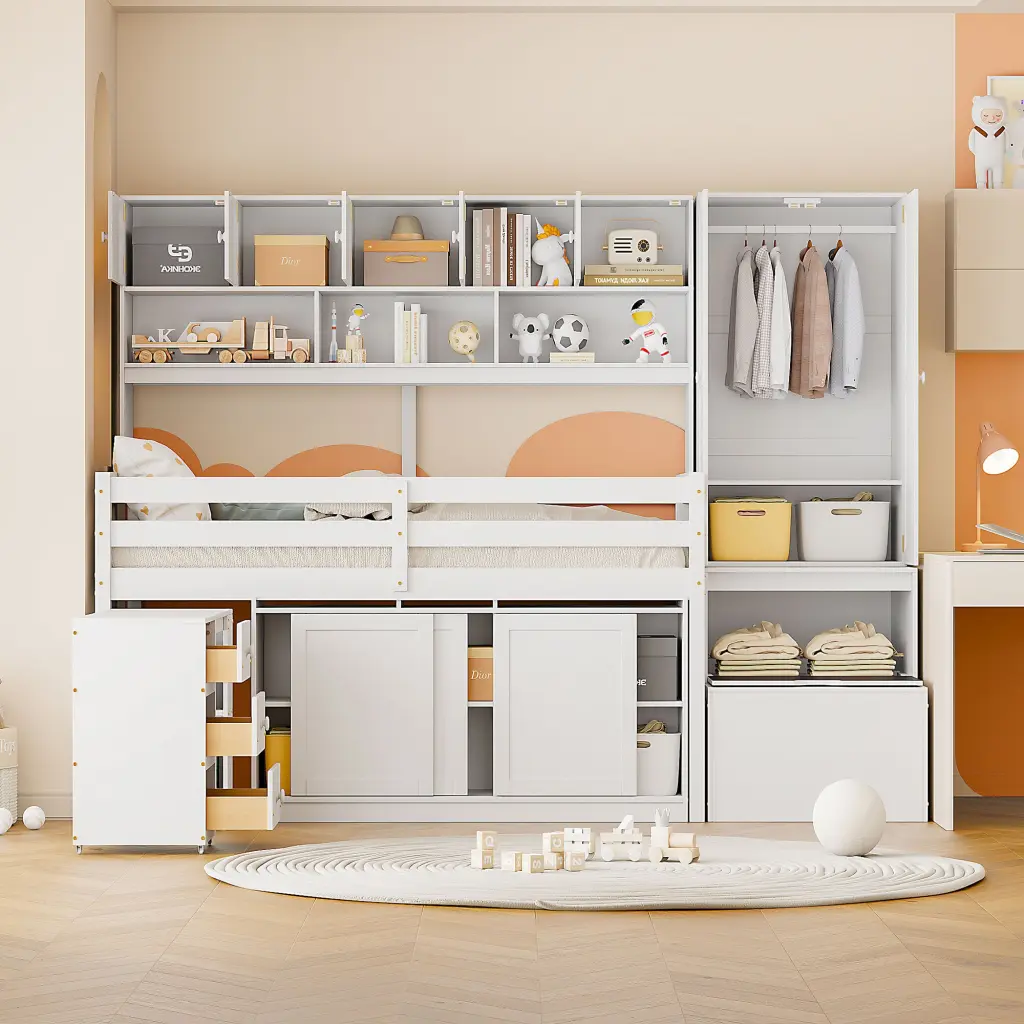 Twin Size Wooden Loft Bed Under Bed Desk and Drawers Big Storage Loft Bed lucky furniture
