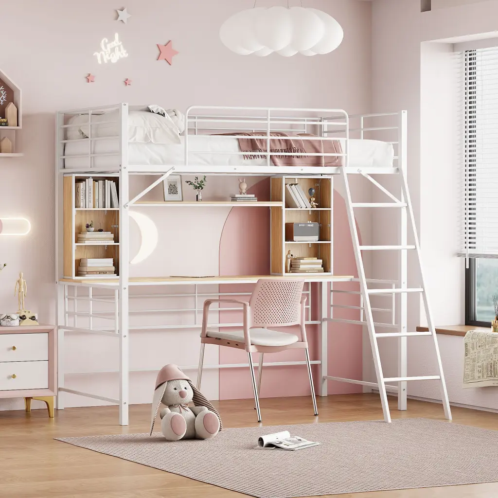 Twin Size Loft Bed Desk and Shelf Loft Bed Ladder White Finish lucky world
