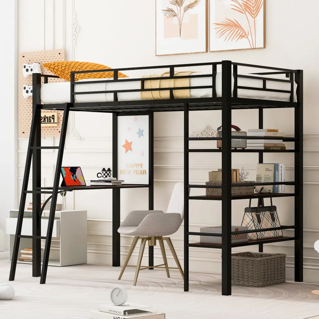 Twin Size Loft Metal Bed 3 Layers Shelves And Desk lucky world