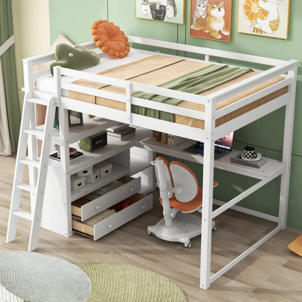 Full Size Loft Bed Desk And Shelves Two Constructed Drawers White wm store