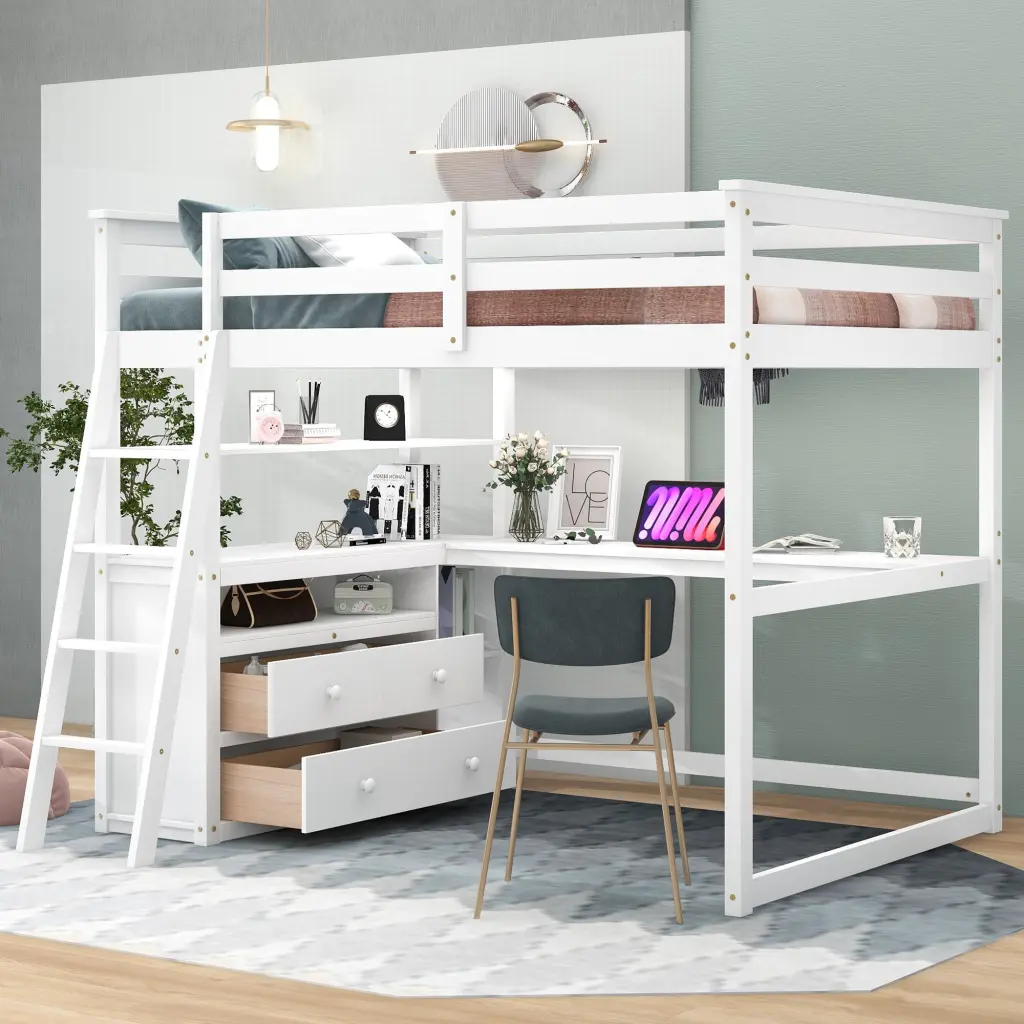 Full Size Loft Bed Desk And Shelves Two Constructed Drawers White wm store