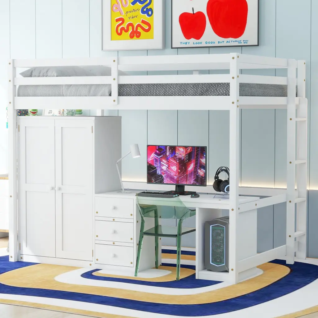 Full Size Loft Bed Wardrobe Desk And Storage Drawers White wm store
