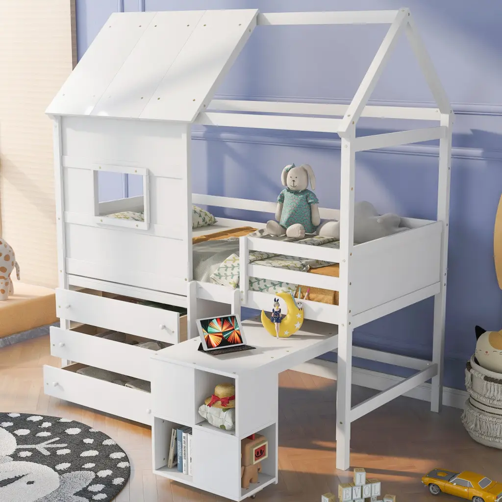 Twin Size Houtilize Loft Bed Storage Desk And 3 Drawer Chest White Space Saver wm store